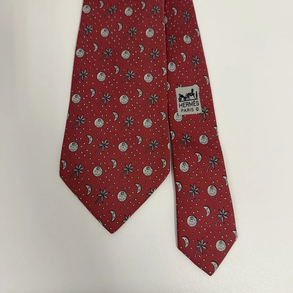 Hermes Men's Tie Constellation Moon Sun Stars Red/Gray Silk 7804 FA 3.25" x 58" - Picture 2 of 7